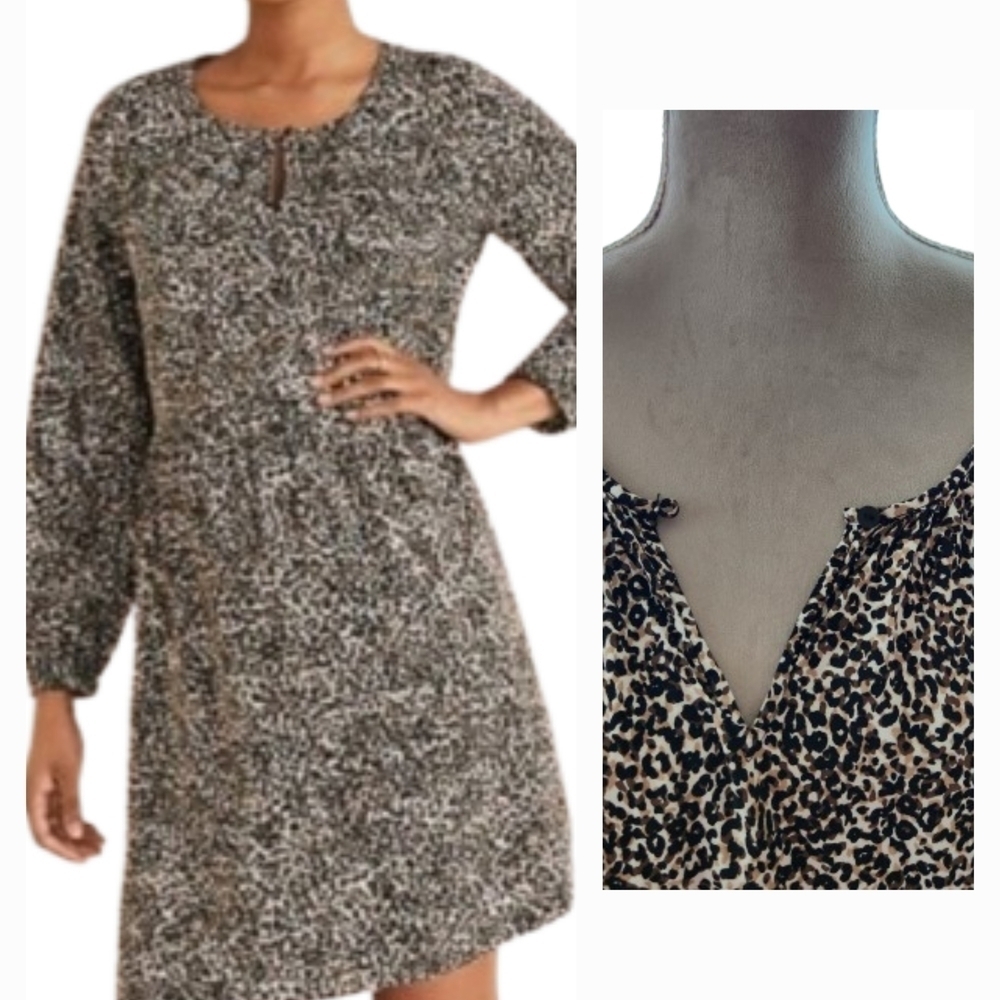 Old Navy Leopard Print Dress Size  M Long Puff Sleeve Keyhole Neck in Front